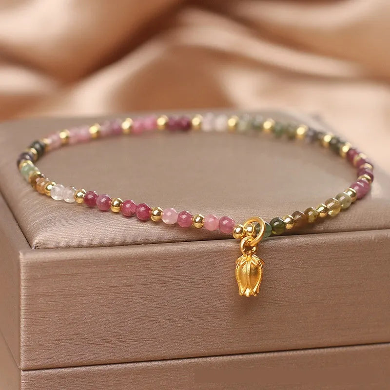 Natural tourmaline beaded anklet with floral pattern and adjustable chain closure for women