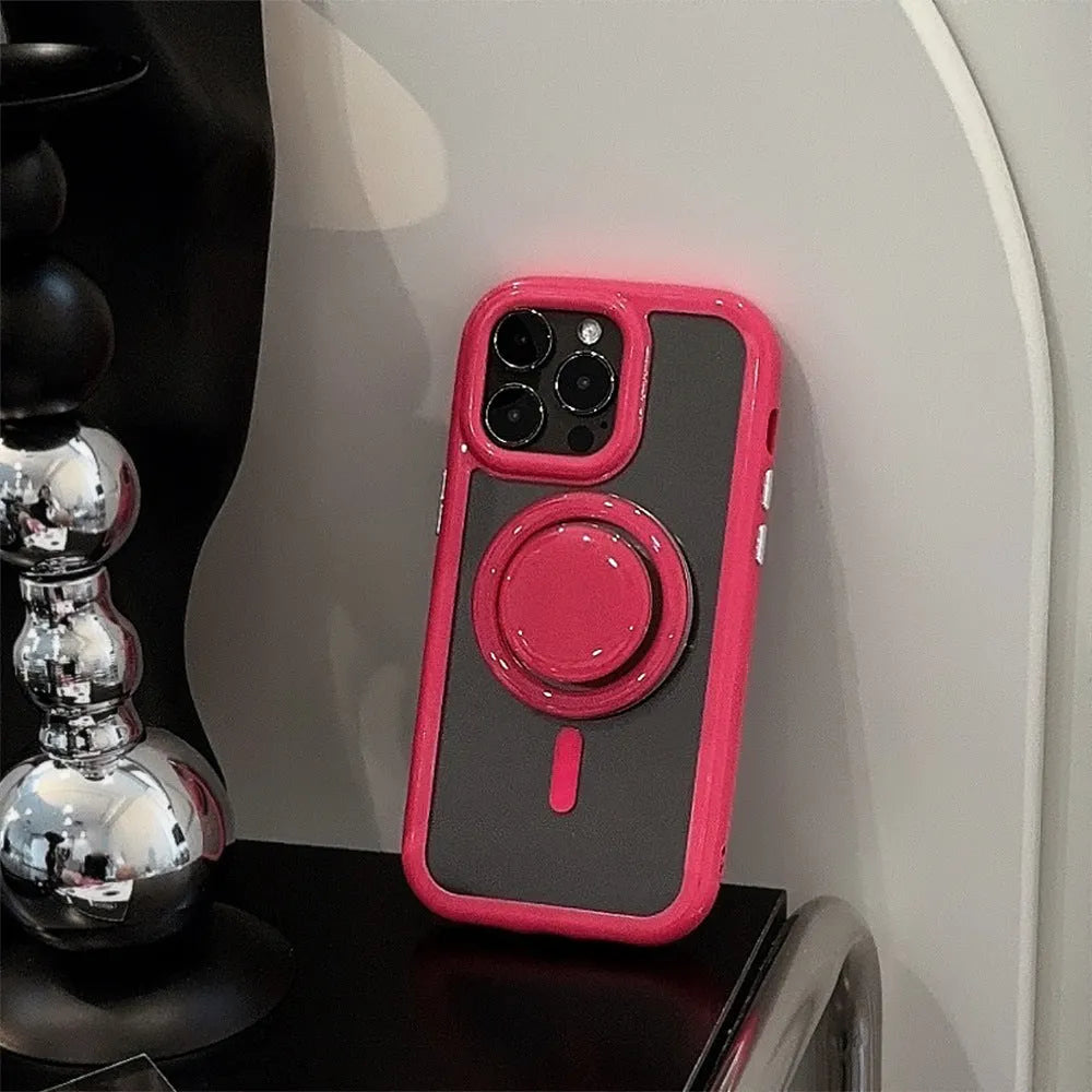Acrylic magnetic phone case with bracket for iPhone 11-15 Pro Max, solid colour transparent design.