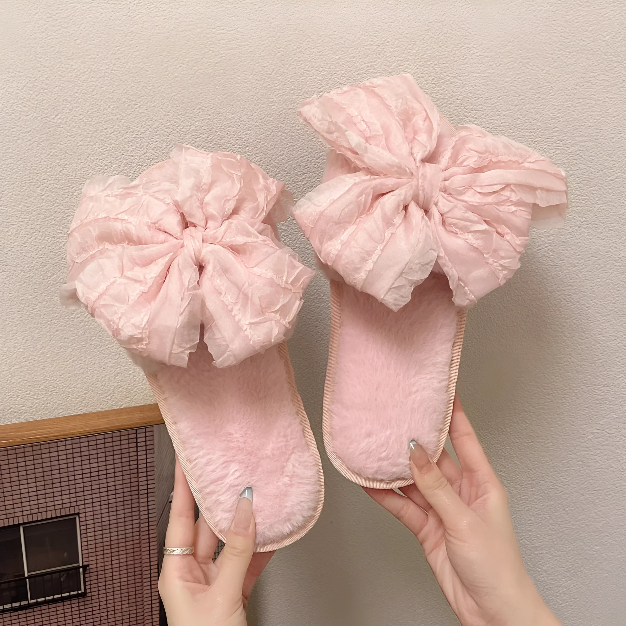 Sweet style big bow plush cotton slippers for women, round toe, soft TPR sole, available in pink white and green colours