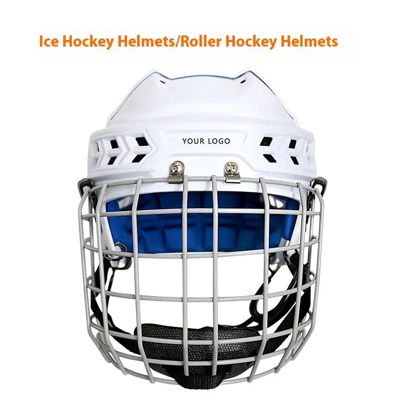 Adult ice hockey helmet with protective wire face mask showing impact-resistant shell construction