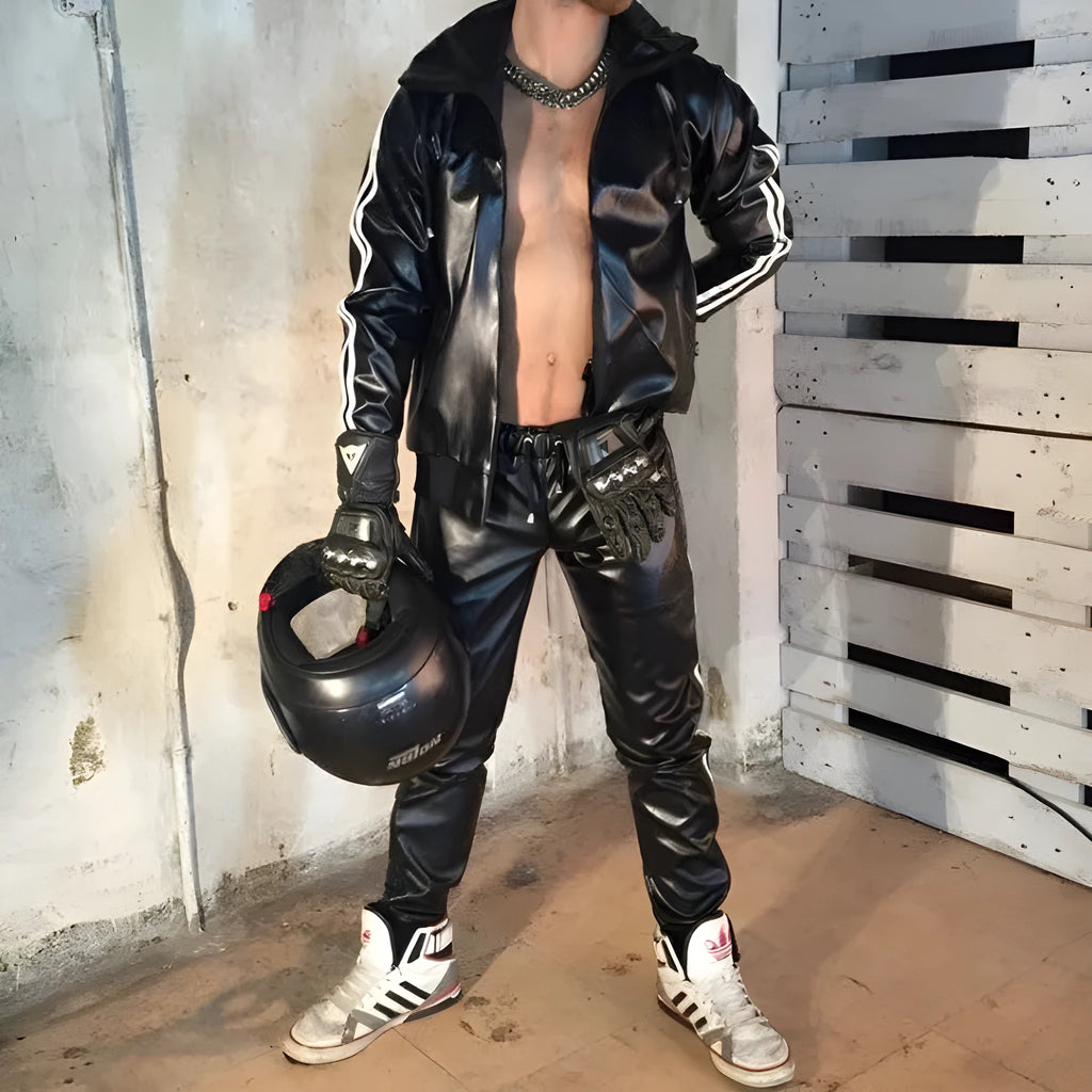 Man wearing a black hooded PU leather sports jacket and matching trousers from the autumn sports set.