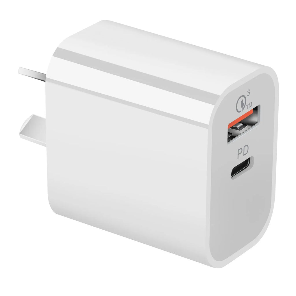 White Australian dual port USB charger with SAA certification label
