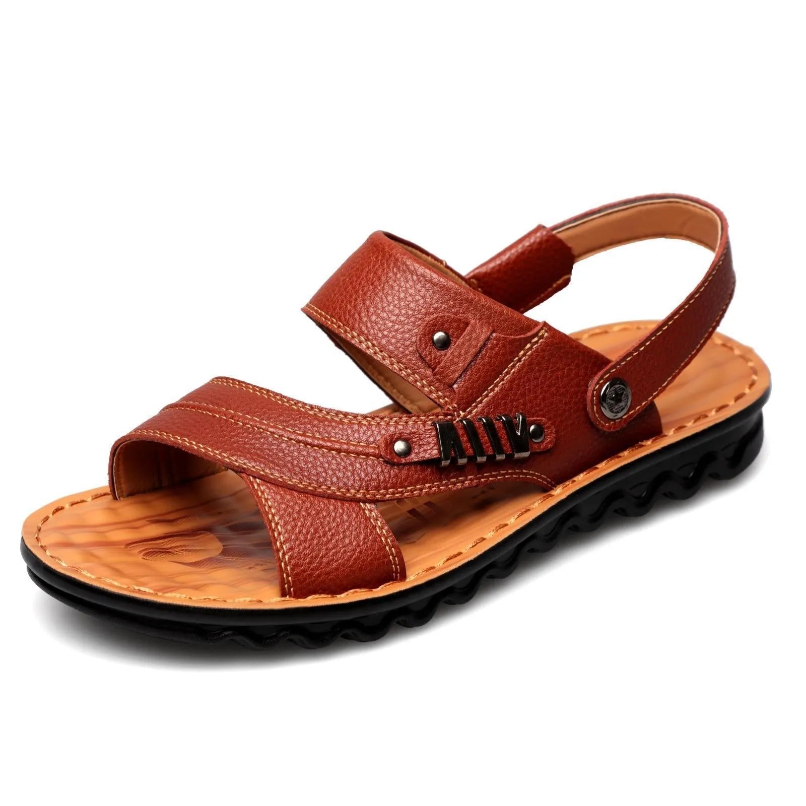 Men's first layer cowhide open-toe sandals with rubber sole, available in black colour option