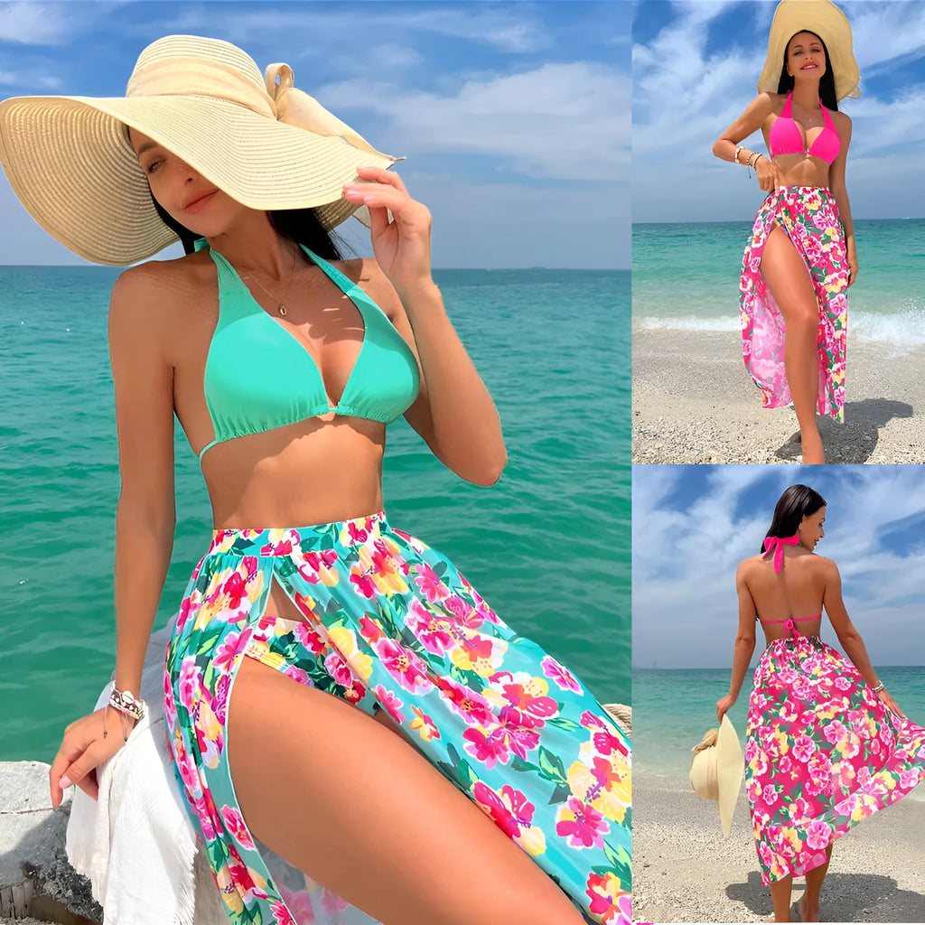 Printed high slit three-piece swimsuit set for women in Lake Green and Rose Red, sizes S to XL, polyester fabric