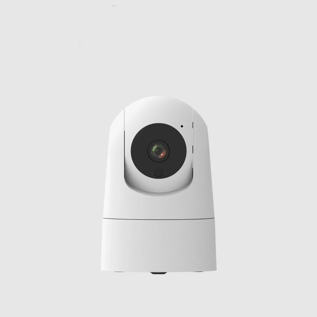 White indoor smart security camera on a stand with a wide-angle lens.
