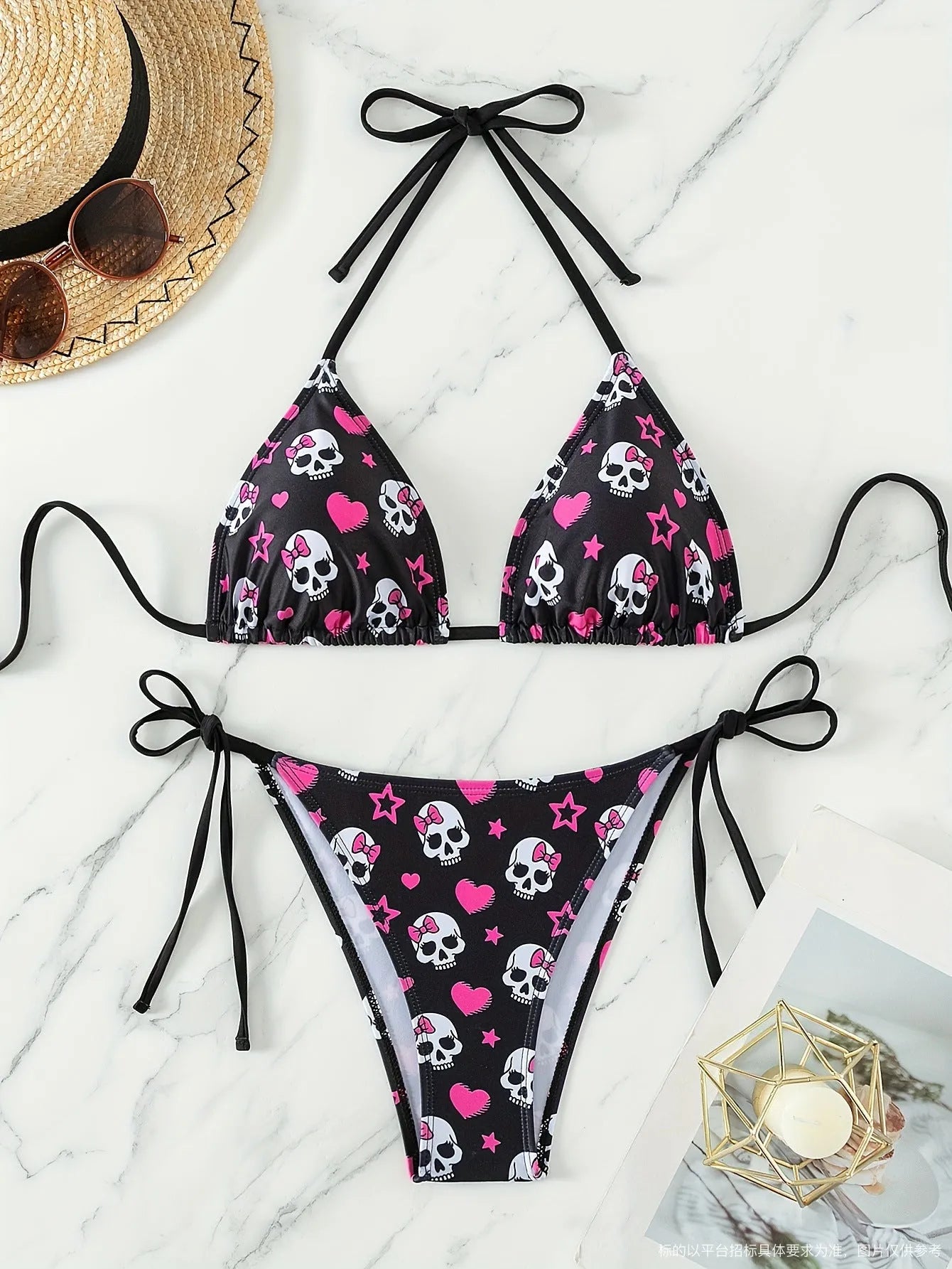 Backless triangle bikini set with spider web print and split neck design for swimming activities