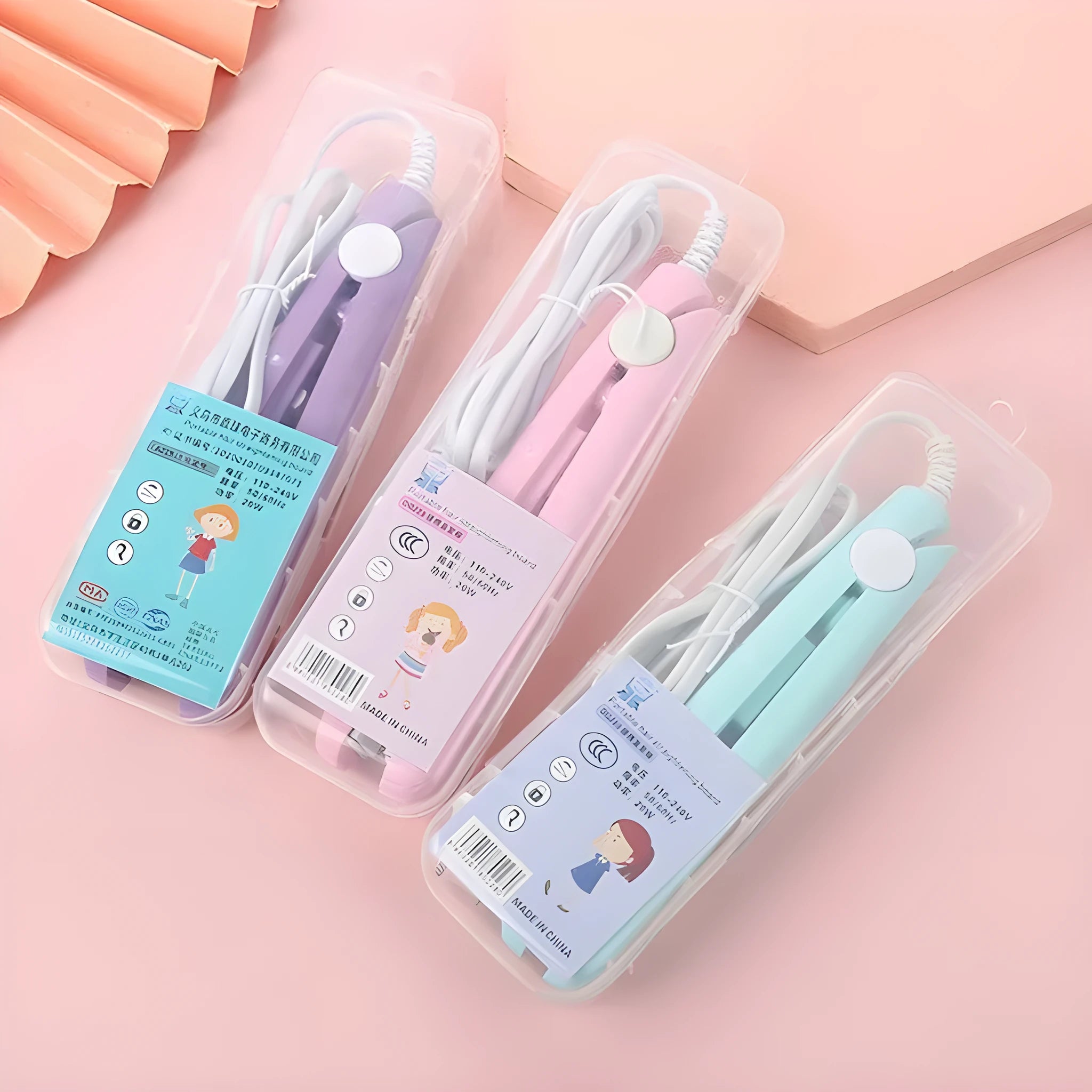 Mini hairdressing splint straightener for bangs and perm styling with storage box in choice of five colours.