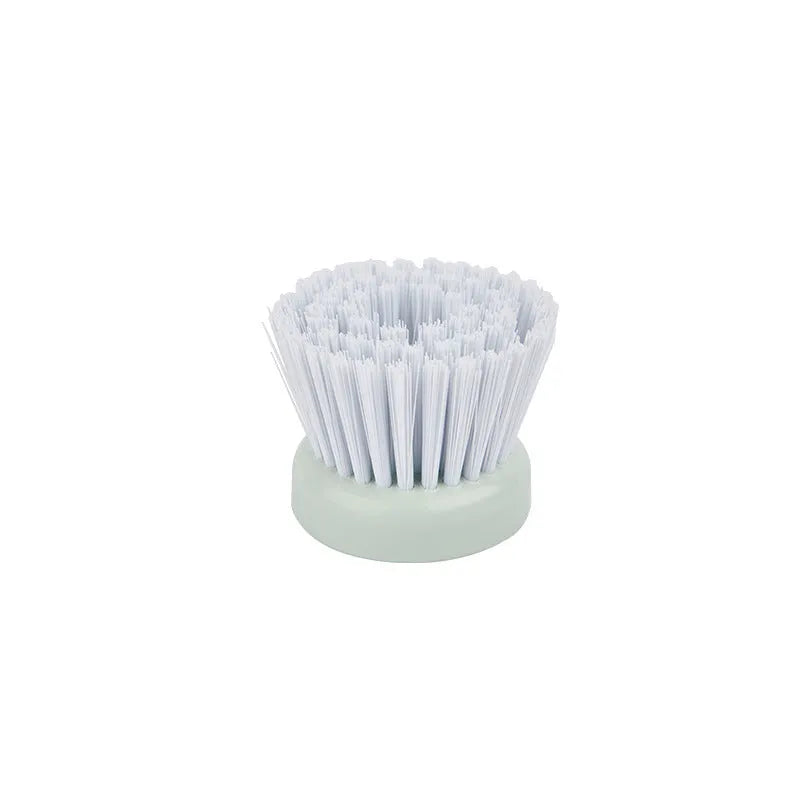 Milk white and mint green pot brush with integrated soap dispenser and replaceable head.