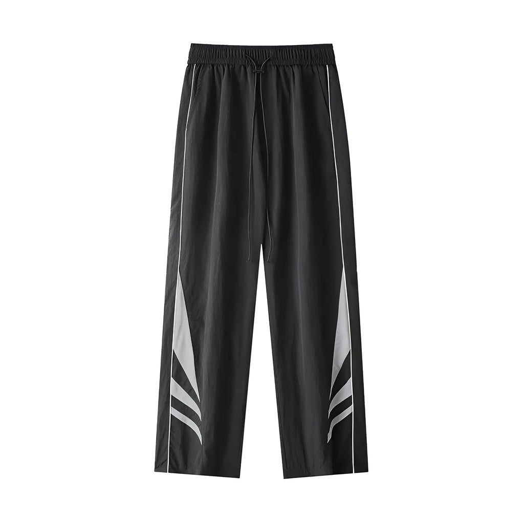 Men's straight leg casual trousers in black, featuring a mid waist with elastic and a cardigan button fly.
