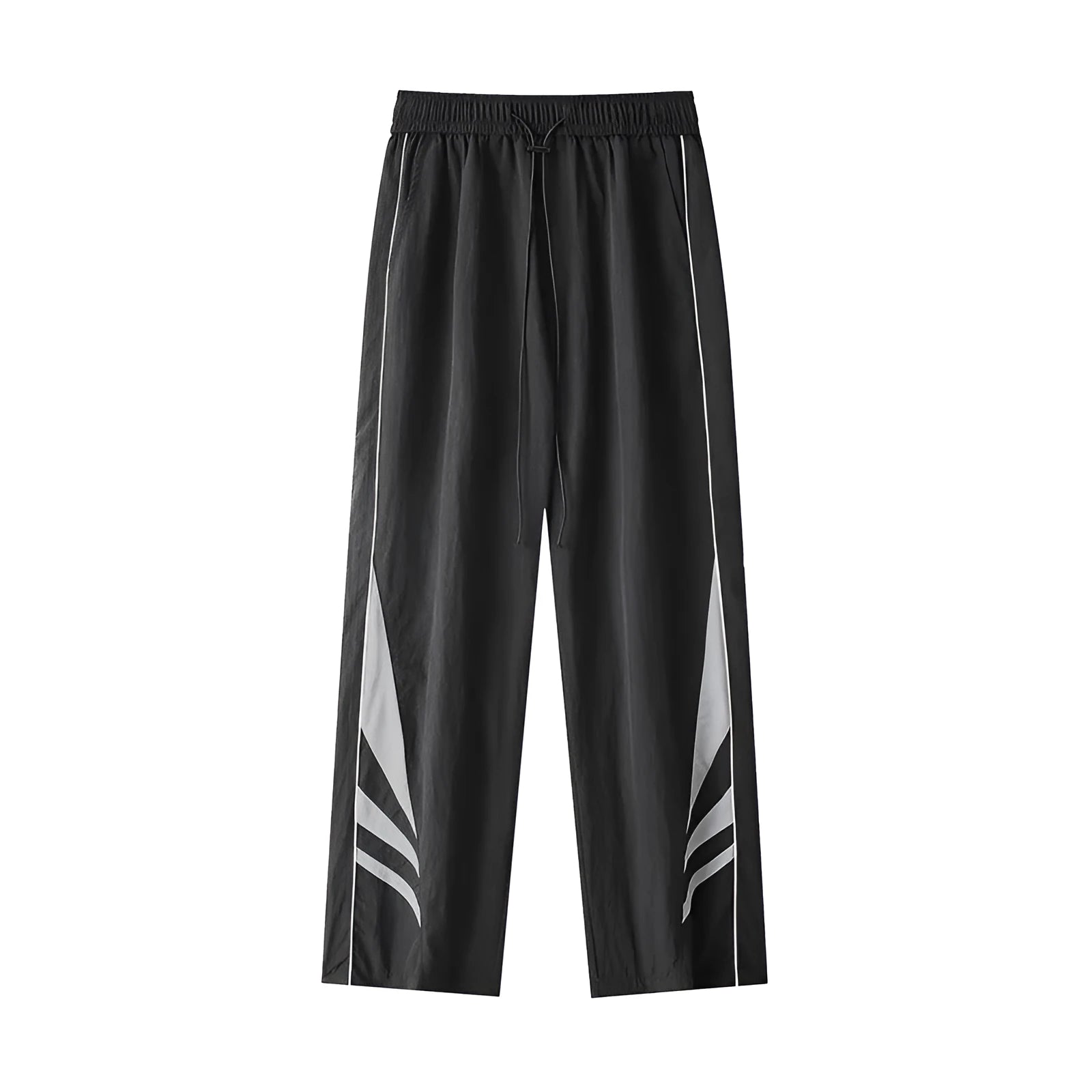 Men's straight leg casual trousers in black, featuring a mid waist with elastic and a cardigan button fly.