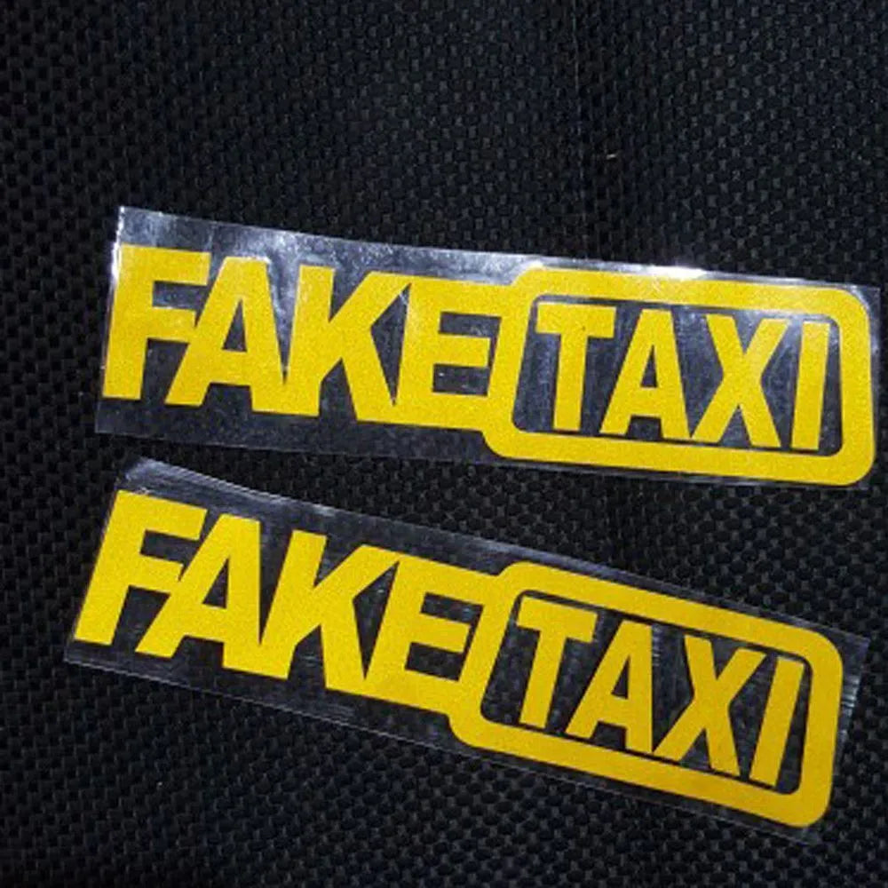 Fake Taxi drifting sign car sticker, 20cm by 4.8cm, text pattern, available in black white yellow or gradient.