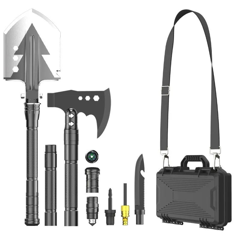 Black military shovel set with axe, knife, attack cone, whistle and lighter accessories