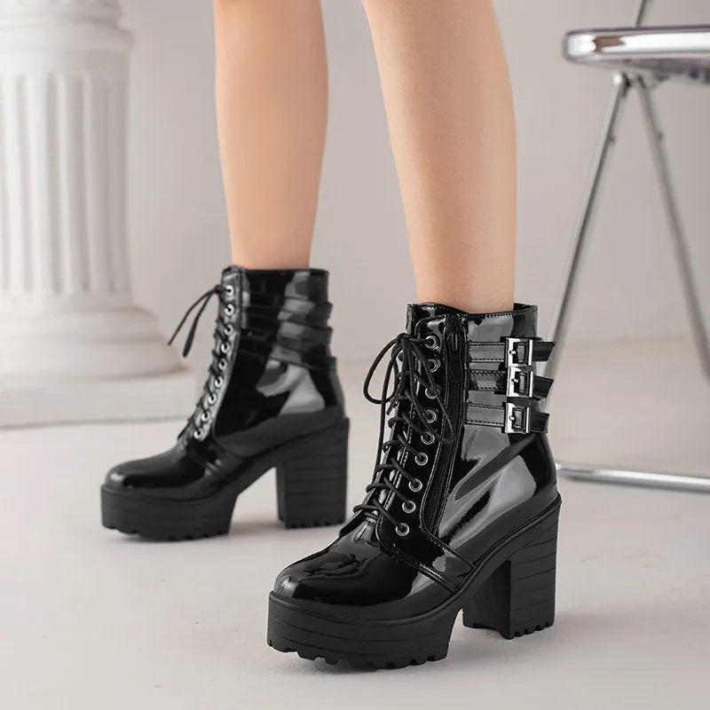 Women's waterproof winter boots with thick 6-8 cm heel and lace-up front in multiple colours