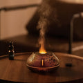Flame effect aroma diffuser humidifier with colourful LED light, 130ml USB desktop unit in white or black resin