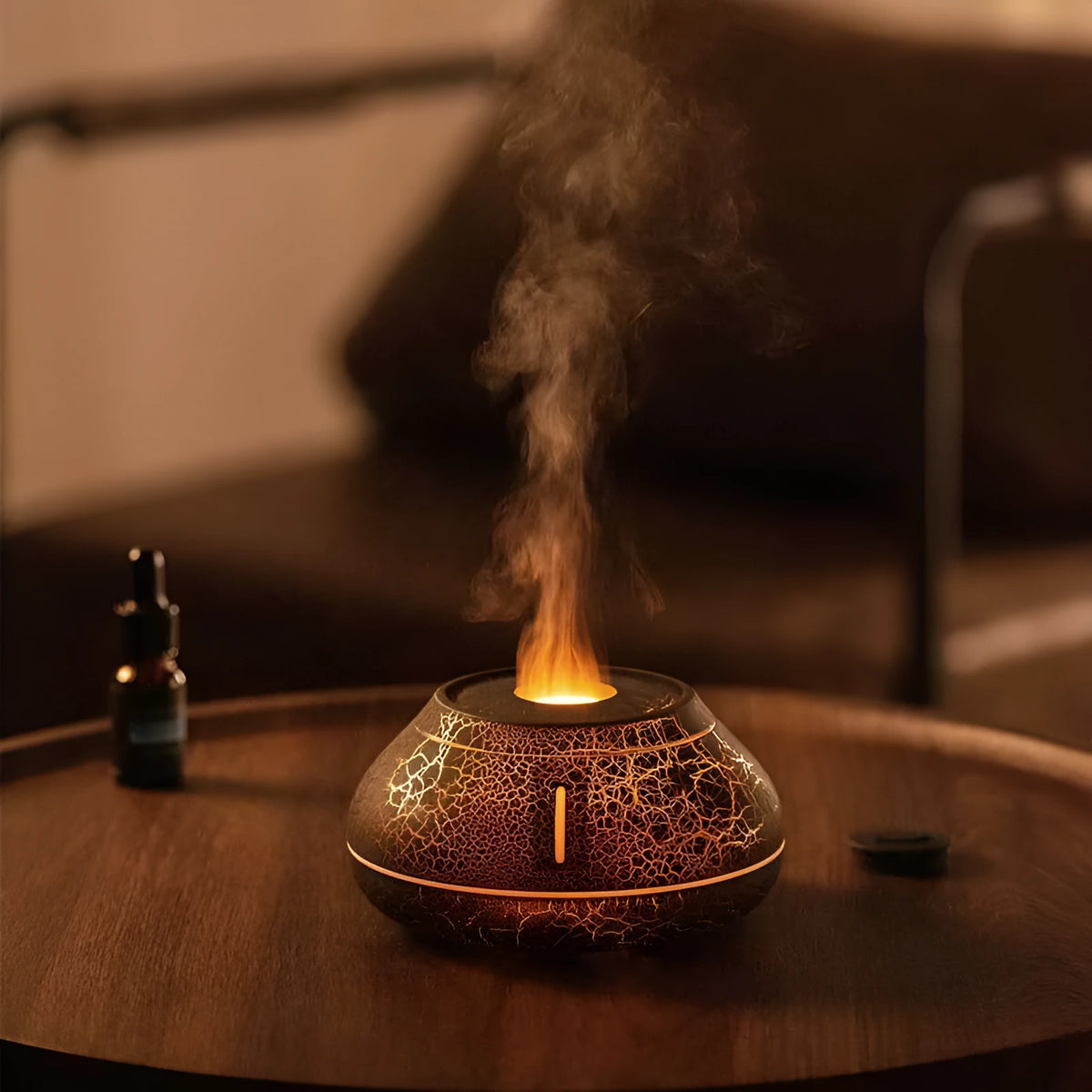 Flame effect aroma diffuser humidifier with colourful LED light, 130ml USB desktop unit in white or black resin