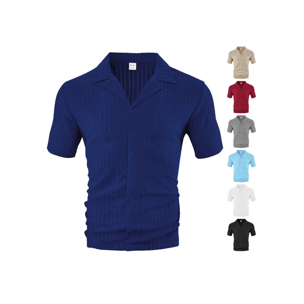 Men's loose casual short sleeve polyester cardigan in khaki lapel design on white background