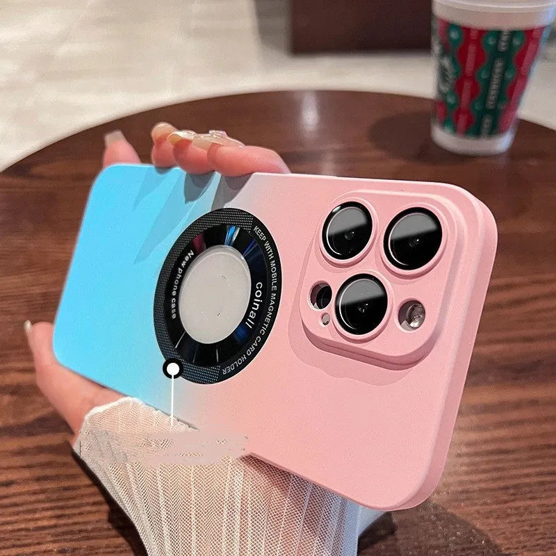 Magnetic gradient PC phone case in blue to black colour with built-in lens protector for iPhone