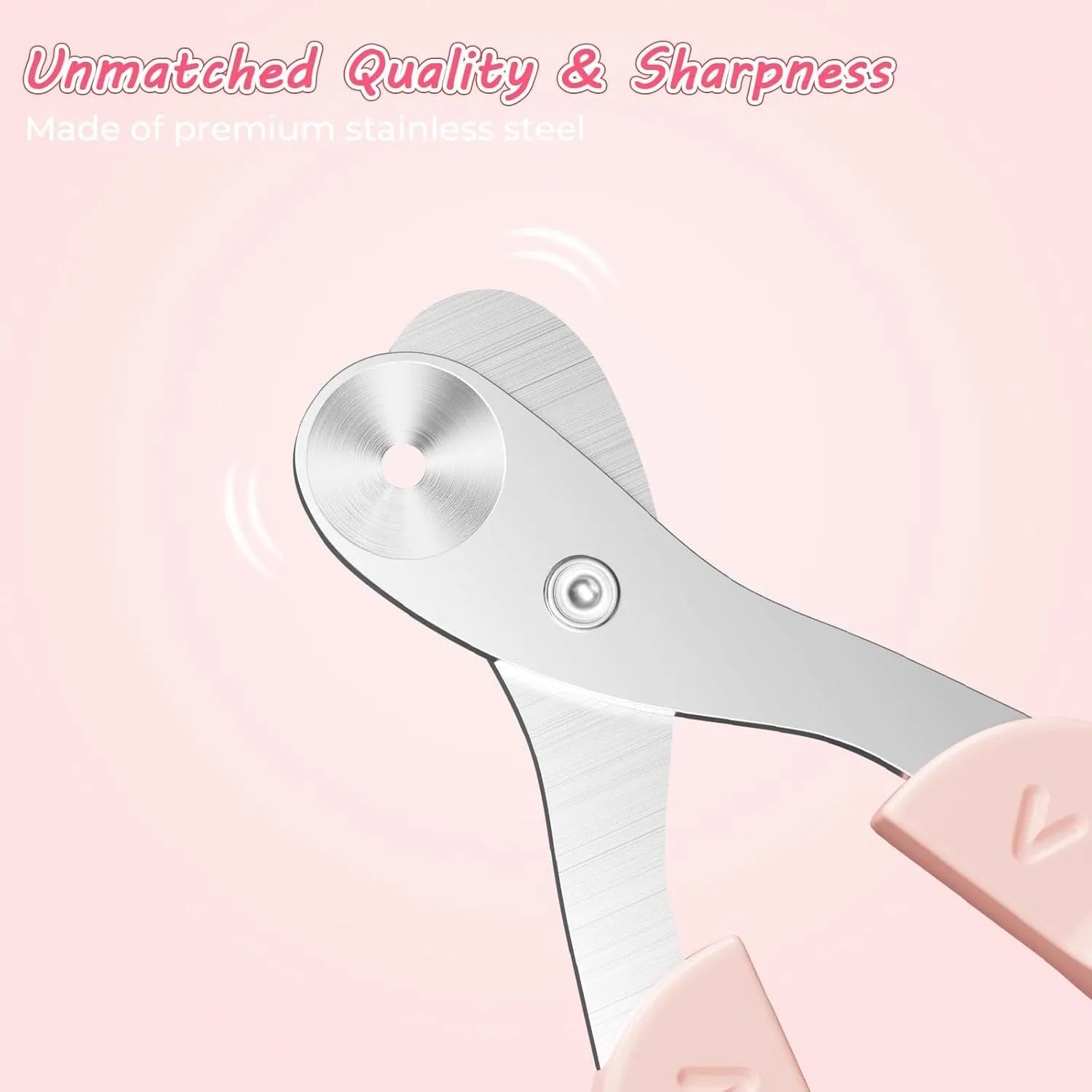 Pink and blue cat nail clippers with a safety guide hole and stainless steel blade on a white background.
