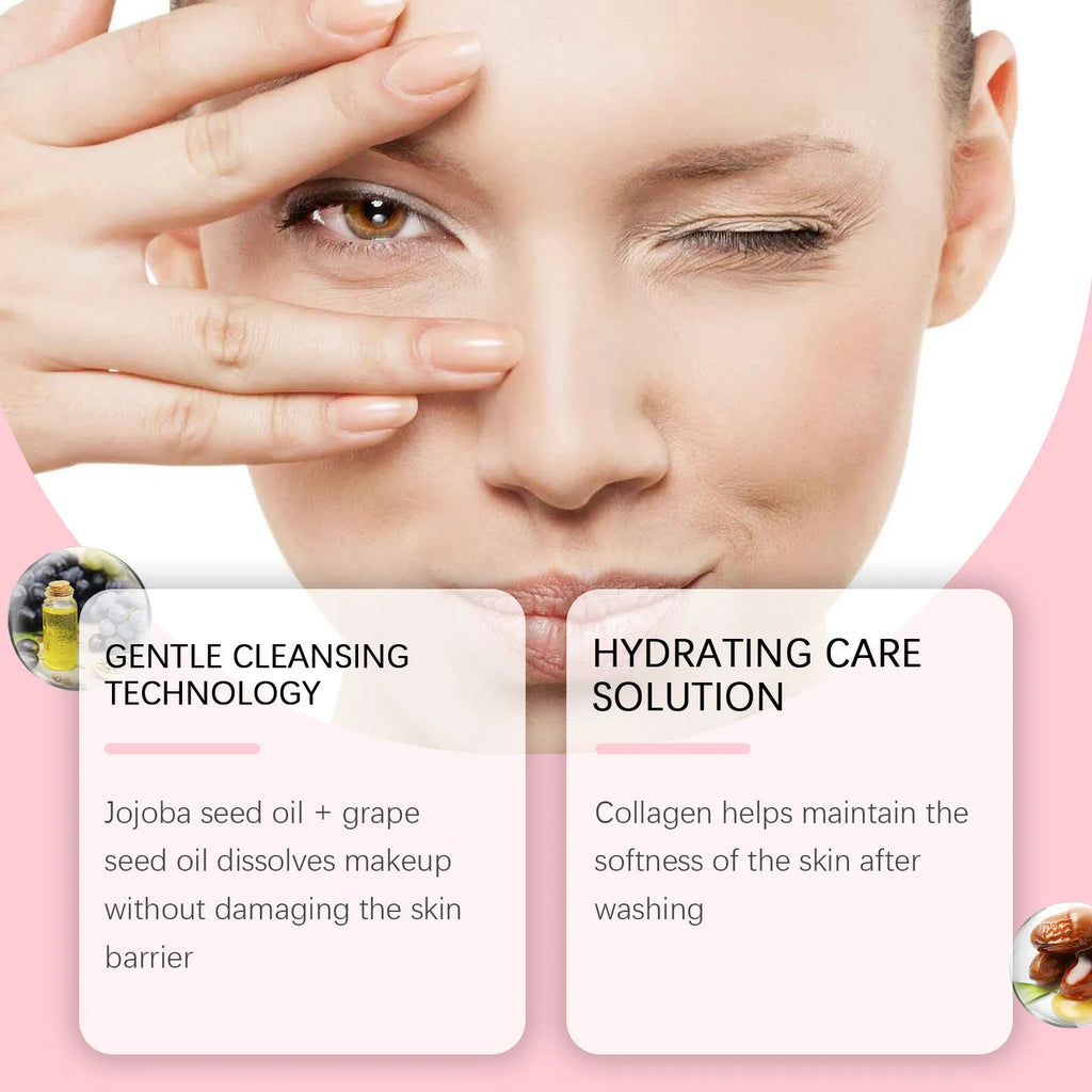 Collagen cleansing oil bottle 100ml with jojoba and grape seed oils as makeup remover