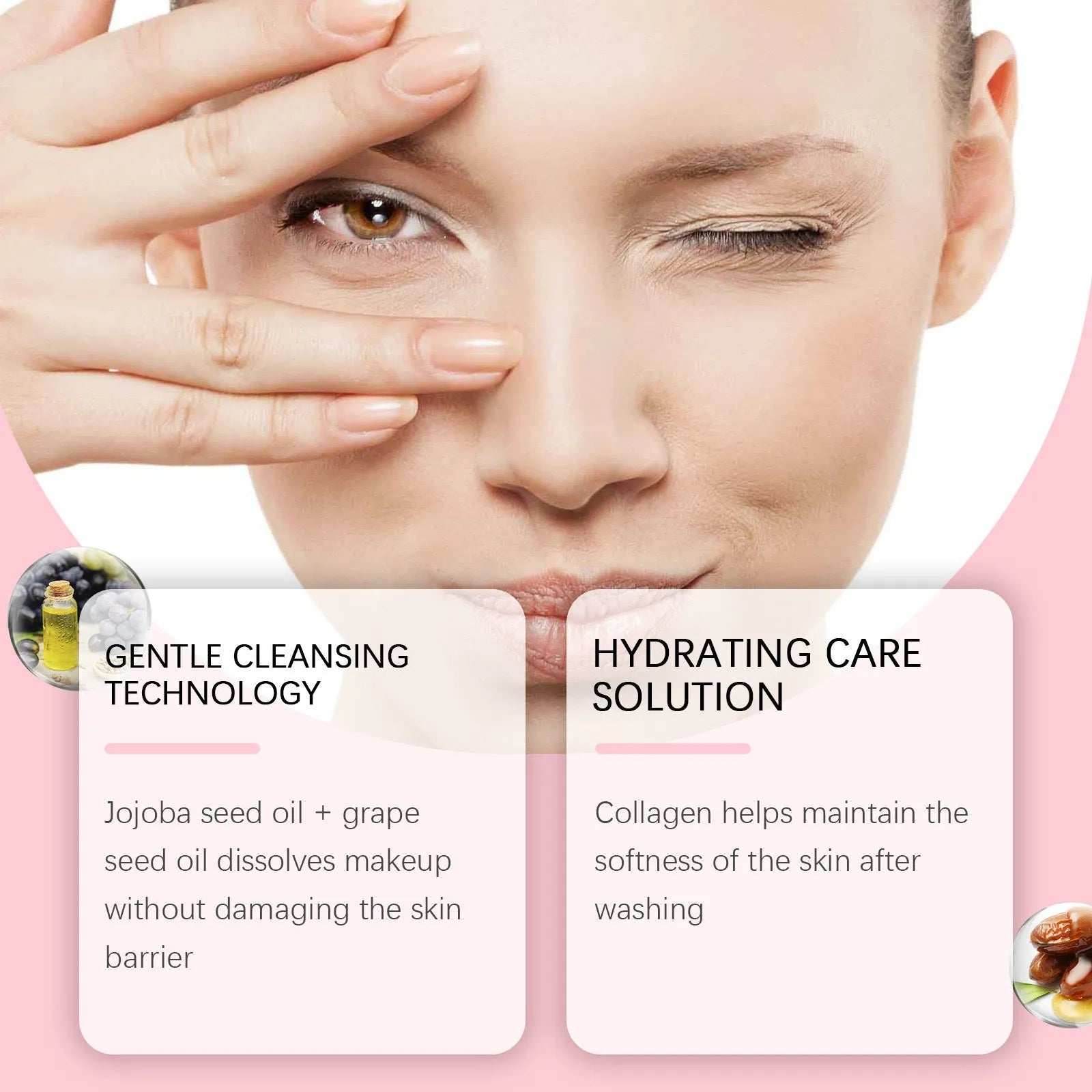 Collagen cleansing oil bottle 100ml with jojoba and grape seed oils as makeup remover