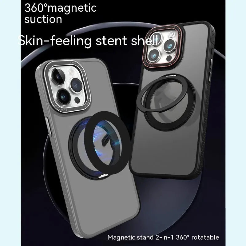 Rotary magnetic invisible bracket phone case for iPhone, silicone shockproof cover in black