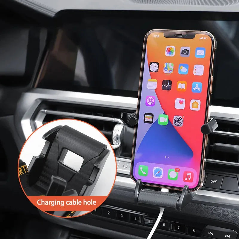 Racing seat shaped 360 degree rotatable car air vent phone holder with gold tape colour option