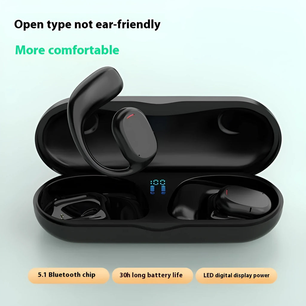 Fashion wireless ear hook Bluetooth headset in black plastic with USB charging cable