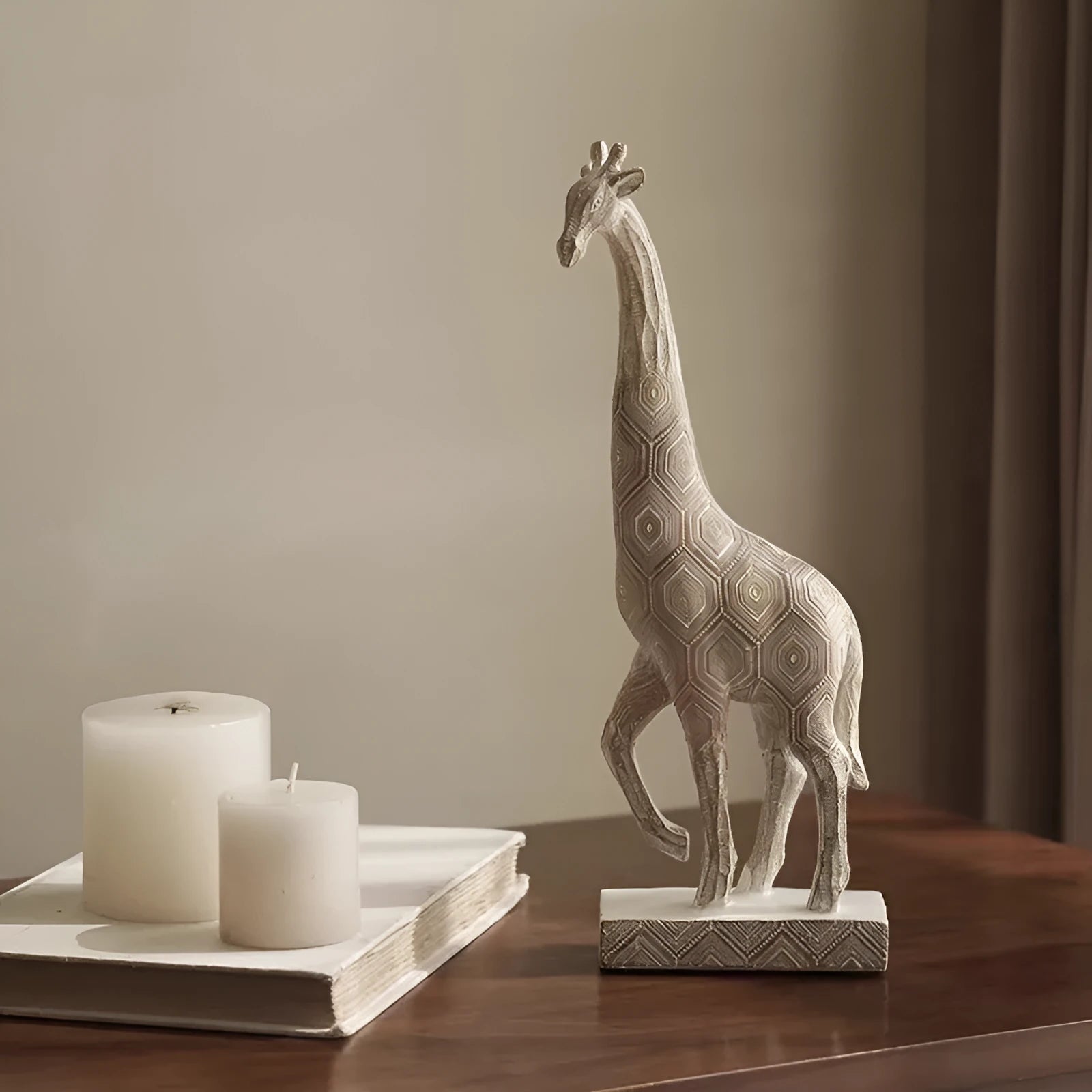 Wood colour synthetic resin giraffe ornament sculpture measuring 30.5cm tall on display.