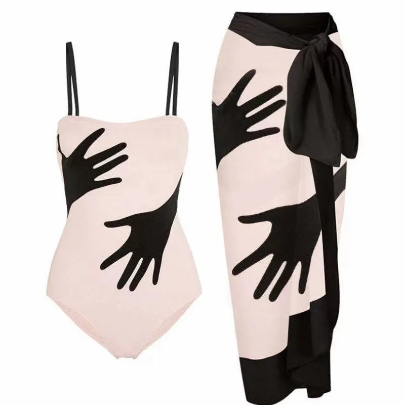Women's solid colour one-piece bikini swimsuit on a mannequin, with an optional gauze skirt variant.