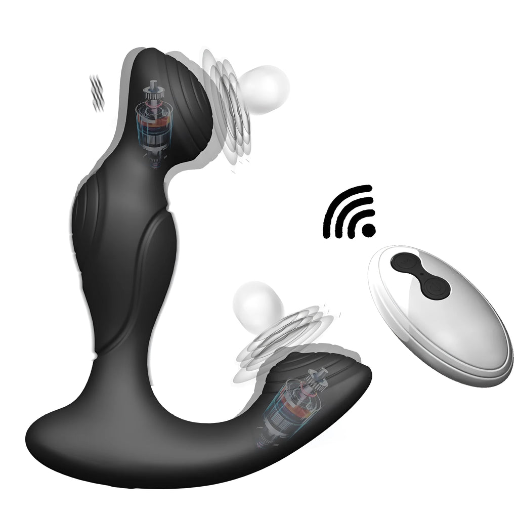 Black wireless remote control prostate massager made from silicone and ABS plastic with separate remote control unit