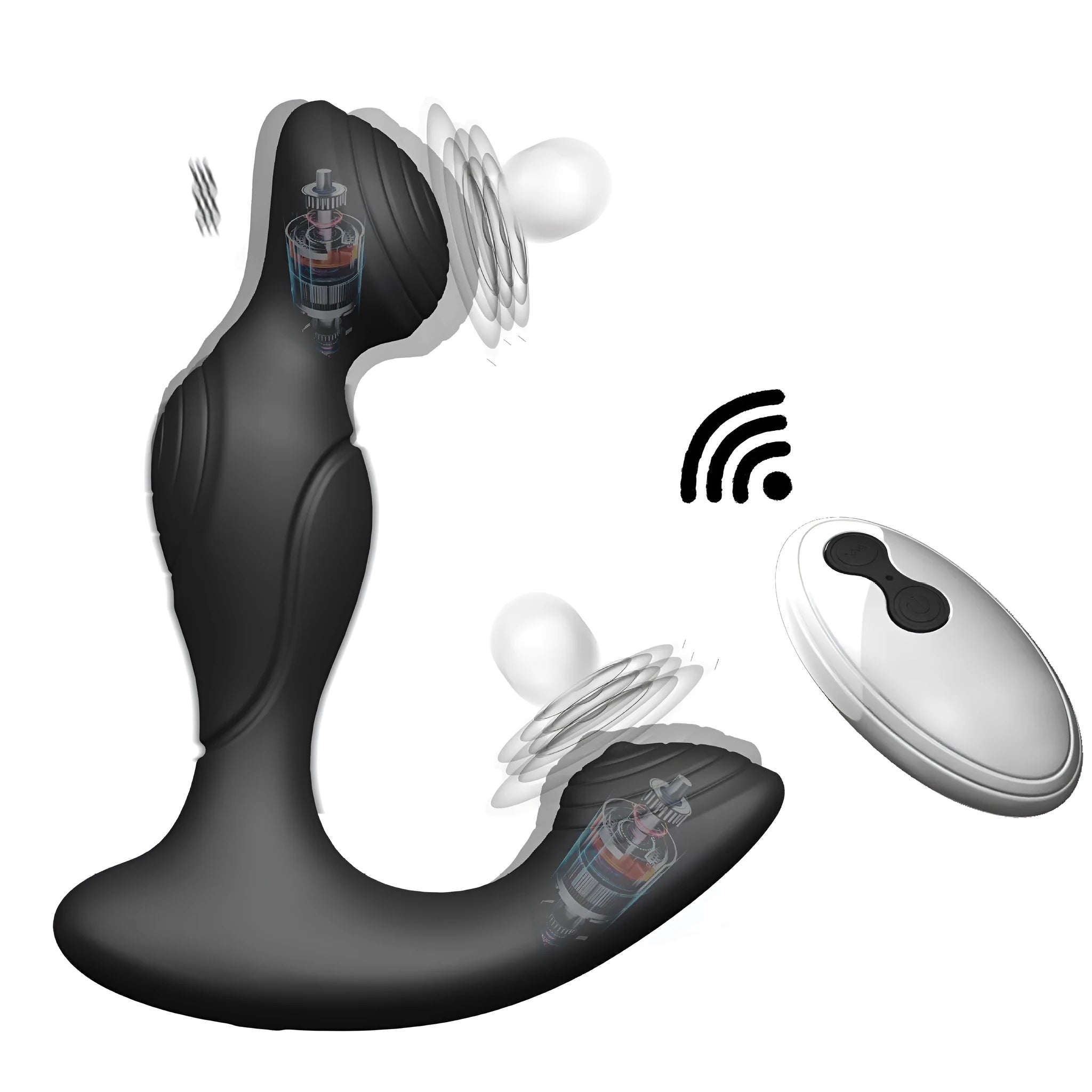 Black wireless remote control prostate massager made from silicone and ABS plastic with separate remote control unit
