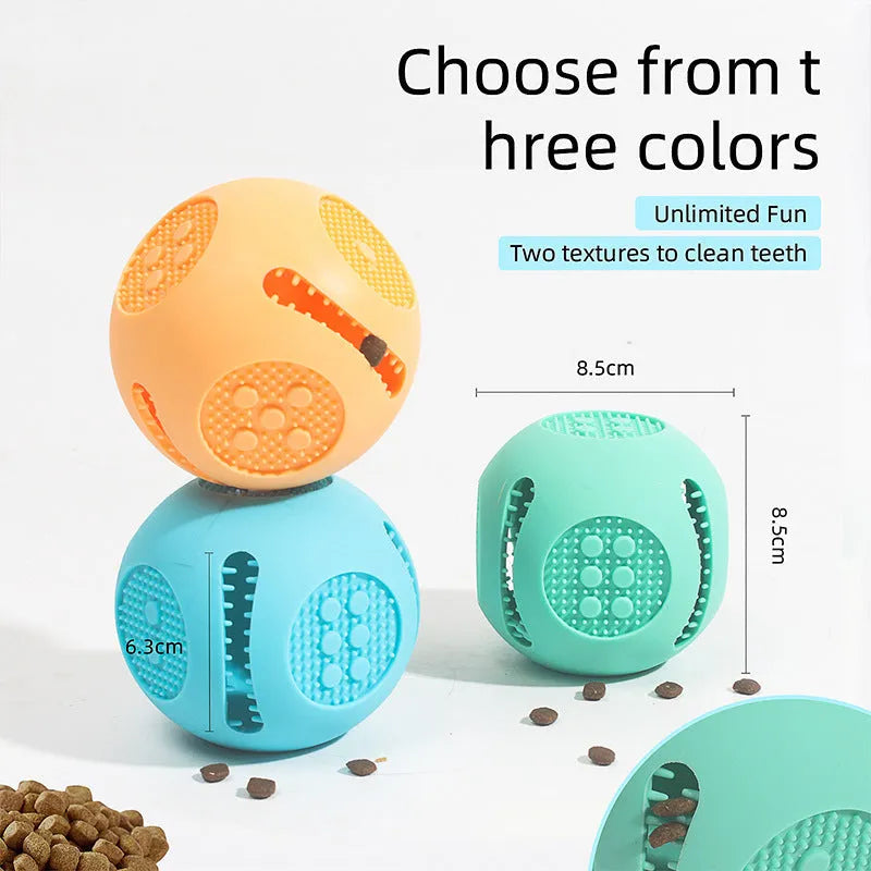 Silicone dice-shaped dog toy in yellow, sky blue, or green for treat dispensing and slow feeding.
