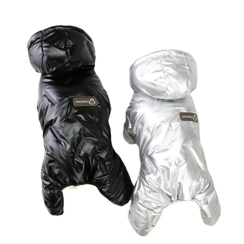 Pet dog waterproof autumn winter padded jacket in black cotton four-legged coat on white background
