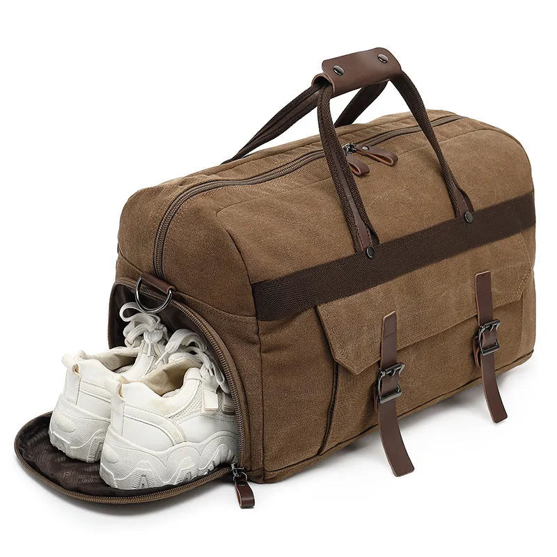 Large canvas crossbody travel bag for men in European and American retro style with sewing line detailing
