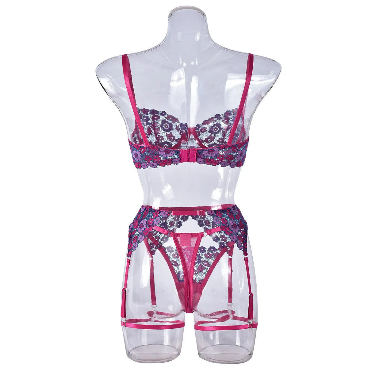 Rose red women's embroidered bikini swimsuit set on a white background.