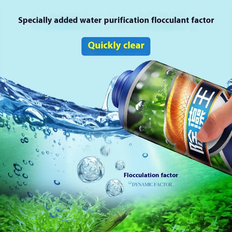 Bottle of liquid algaecide for fish tanks and ponds, labelled for green algae removal and antibacterial action.