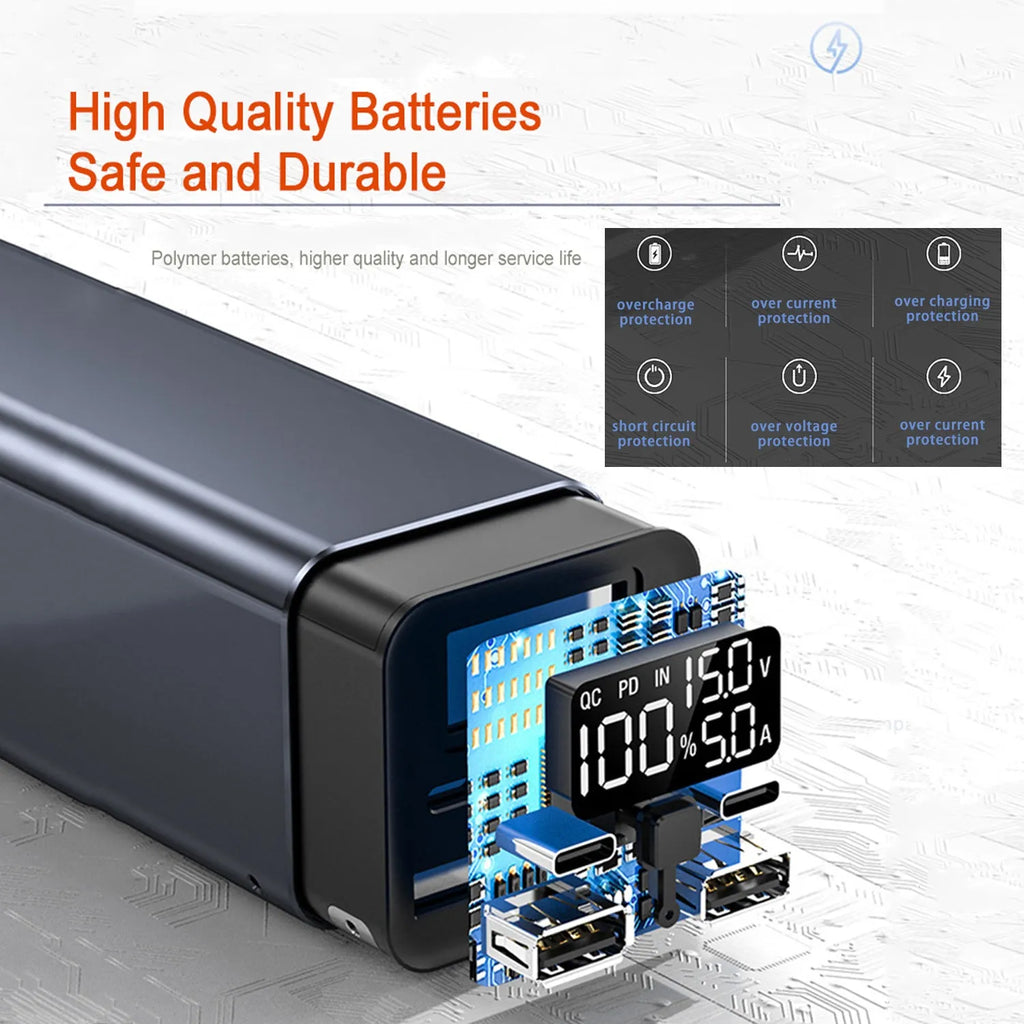 Black 65W metal power bank showing USB-C port, with dimensions 47.5x104.5x47.5mm.