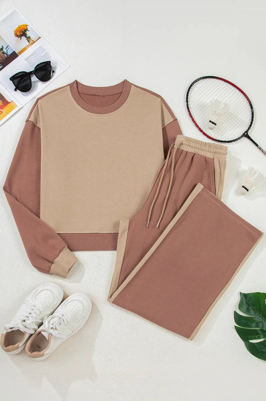 Women's camel colour cotton lounge set with matching top and trousers