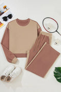 Women's camel colour cotton lounge set with matching top and trousers