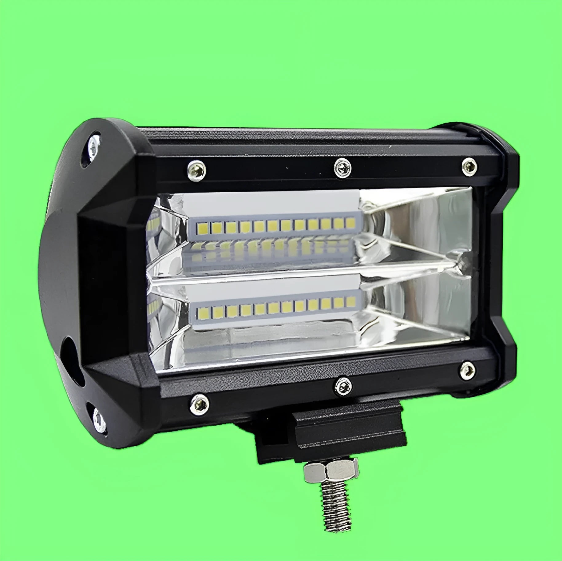 Black 5-inch LED off-road work light with aluminium housing mounted on a bracket