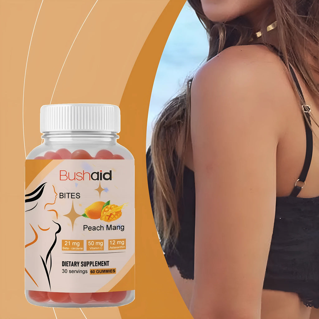 BUSHAID Tanning Gummy Candies dietary supplement showing 60 soft candies with astaxanthin and Vitamin D3
