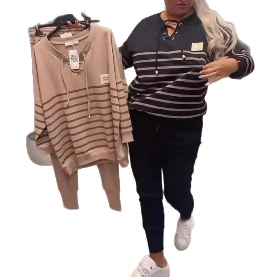 Striped sporty two-piece loose sweatshirt sweatpants set for women, black and khaki colour options, casual colour block long sleeve tracksuit
