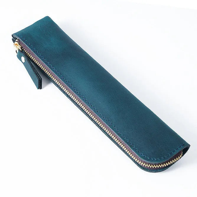 Cowhide retro pencil case 200mm x 45mm in Crazy Horse Brown with square shape and zipper closure