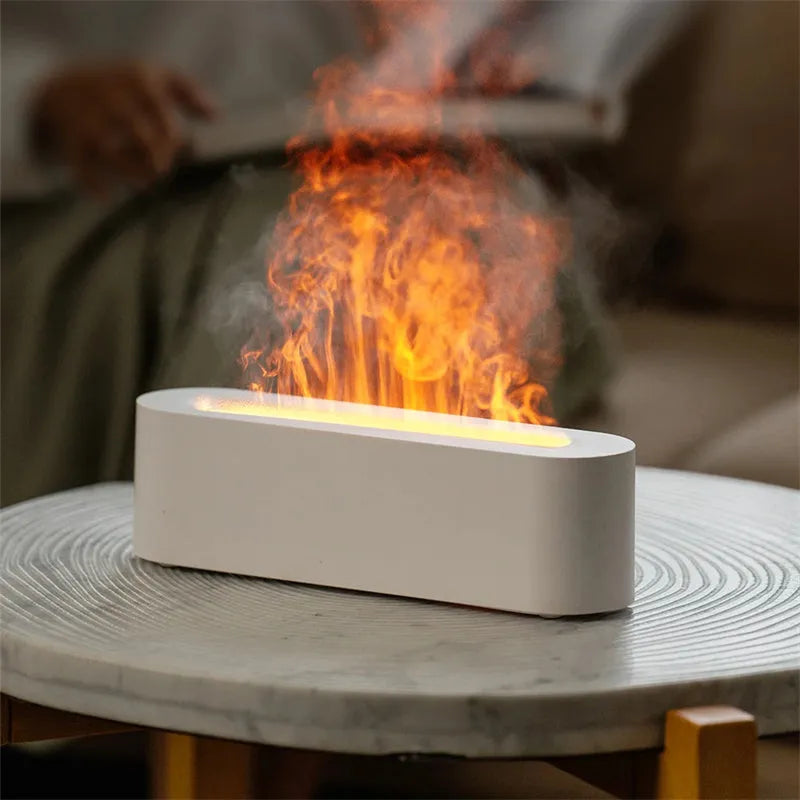 White square flame aroma diffuser with LED fire effect and ultrasonic humidifier function