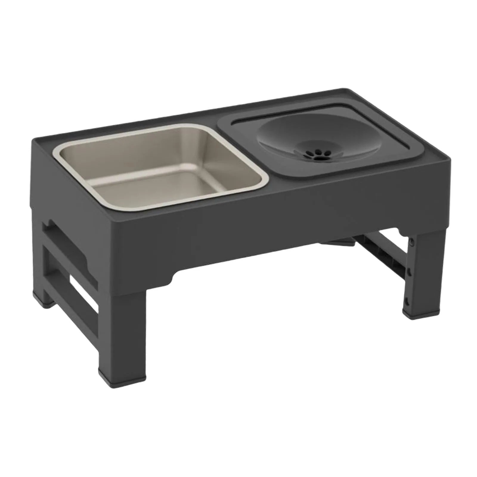 Adjustable height elevated dog bowl stand with slow feeder and water bowl in black or grey colours