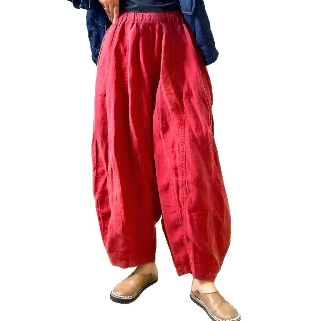 Cotton and linen harem trousers for women in watermelon red, wide-leg mid-waist fit, sizes S to XL