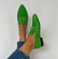 Women's pointed toe suede flat shoes with shallow mouth and buckle in purple, green, purple blue, purple yellow
