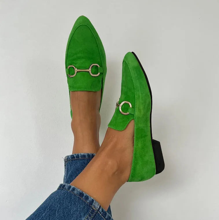 Women's pointed toe suede flat shoes with shallow mouth and buckle in purple, green, purple blue, purple yellow