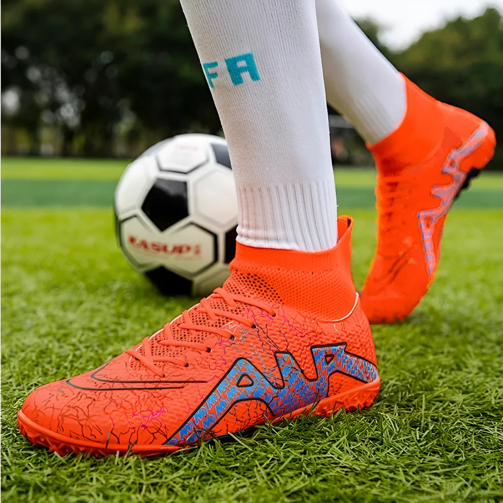 High-top football boots with rubber studded sole and breathable upper, available in black gold and white orange
