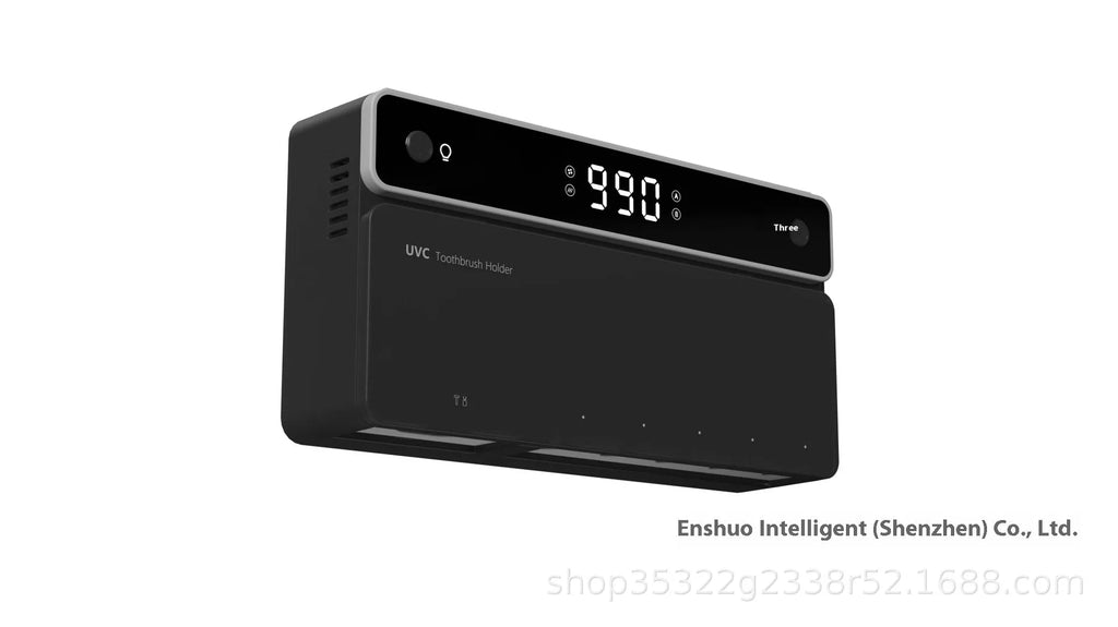 Black toothbrush sterilizer with UV disinfection and automatic drying, wall-mounted on tile with drill-free adhesive